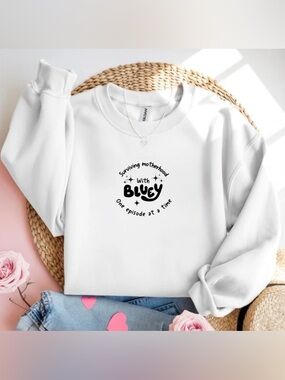 Bluey Mom White Crewneck Sweatshirt Motherhood Mama Cartoon Gift